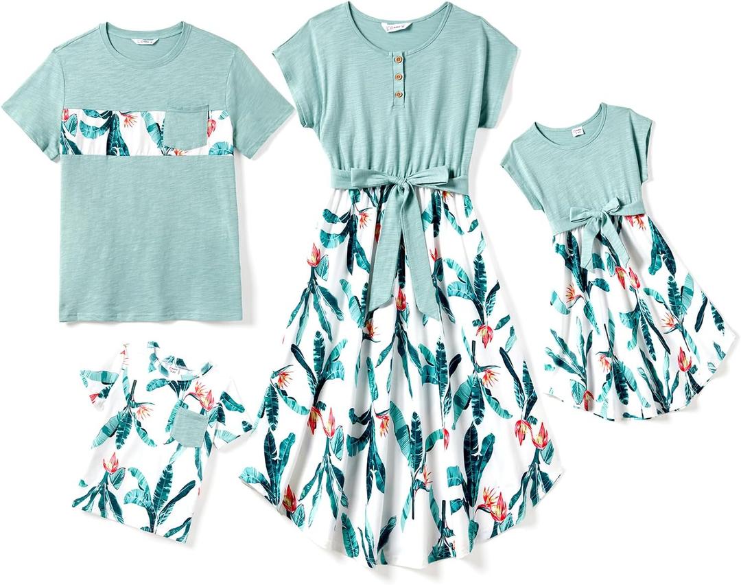 PATPAT Family Matching Outfits Short Sleeve Mommy and Me Outfits Belted Dresses and Casual T-Shirts Matching Sets (Small, Celadon)