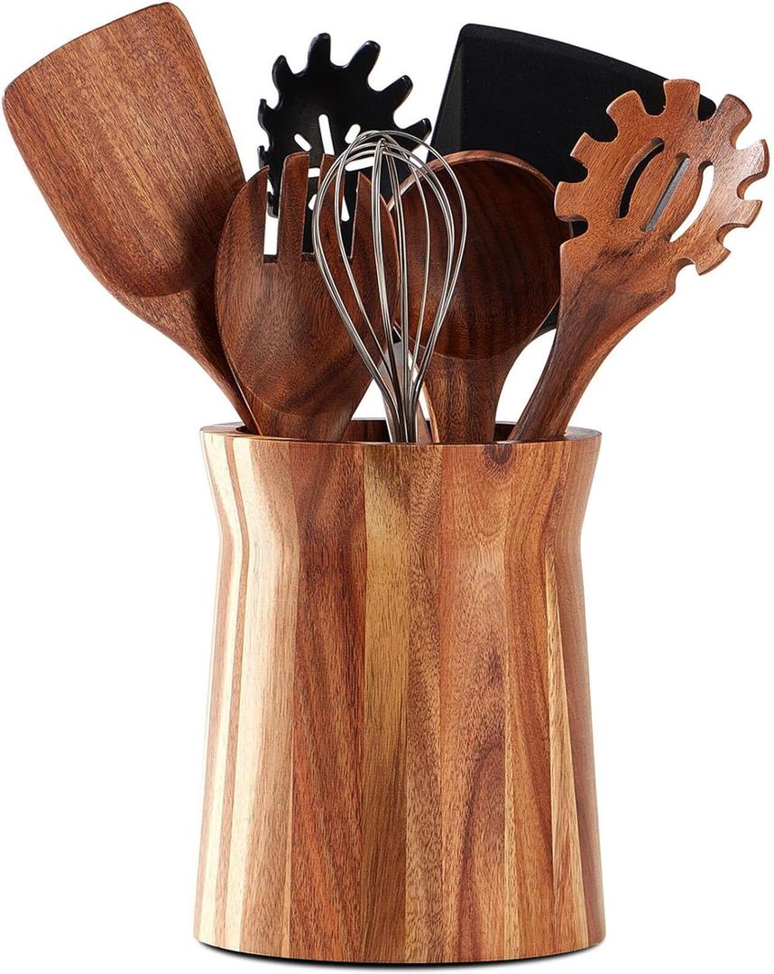 Wooden Utensil Holder for Countertop, 360 Rotating Kitchen Utensil Holder, 7.2"x 6" Large Acacia Wood Crock, Farmhouse Kitchen Decor