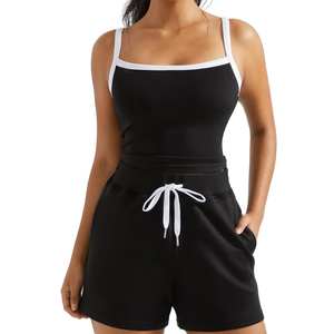 OMKAGI Women Set of 2 Outfits Sleeveless Tank Top Sweat Shorts Set with Pockets Vacation Sets, Size S, Black & White