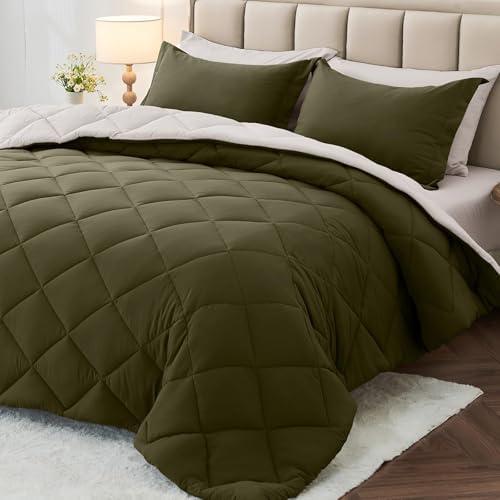 MUXHOMO 7 Pieces Queen Comforter Set, Reversible Bed in a Bag Queen Size, All Season Bedding Set with Comforter, Flat Sheet, Fitted Sheet, Pillowcases & Shams, Olive Green & Beige