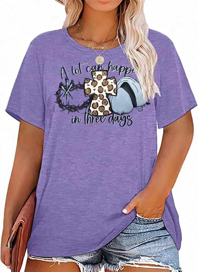Women Plus Size Easter Shirt Easter Christian Tee A Lot Can Happen in Three Days Religious Christian Novelty Tops (Purple, XXXL)
