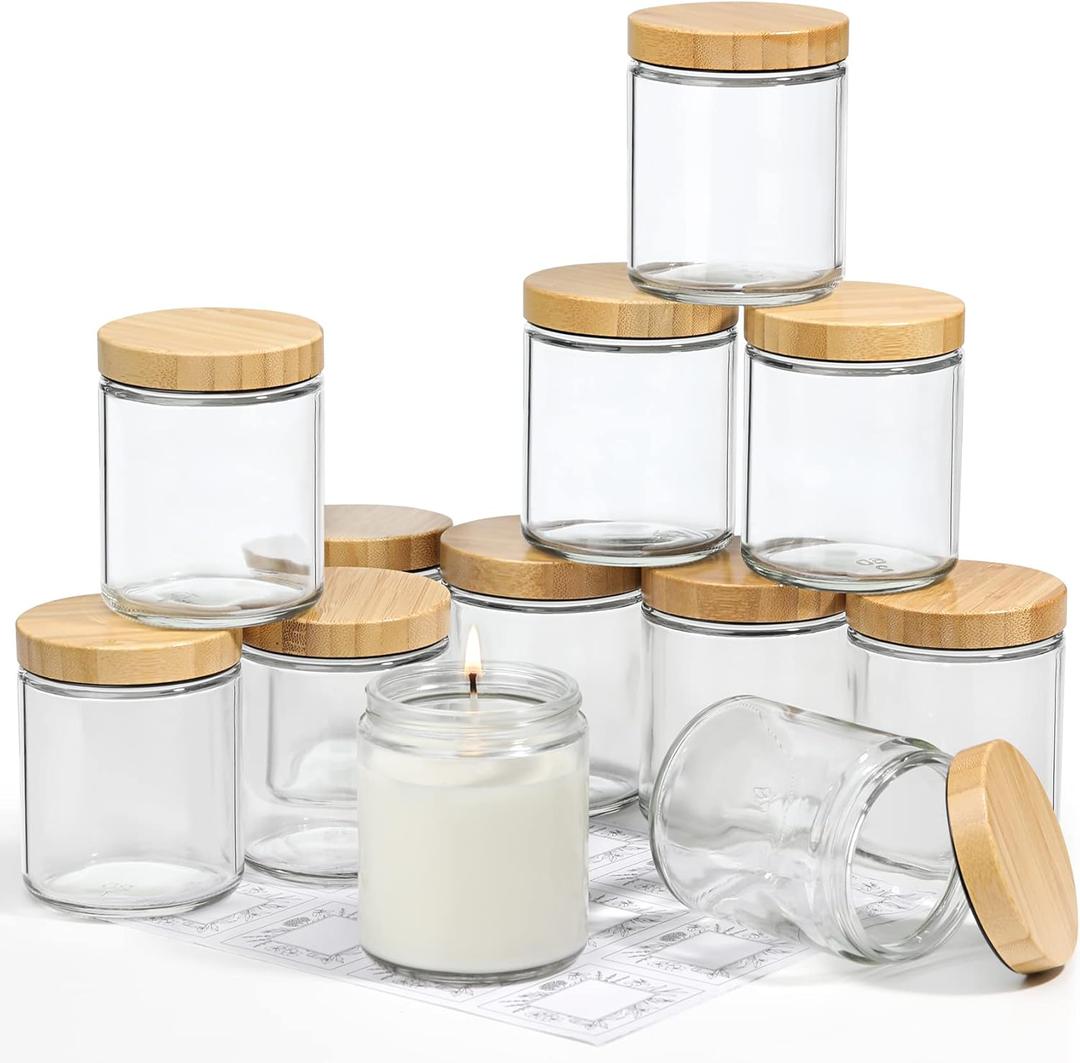 VITEVER 12 Pack Thick Glass Candle Jars with Bamboo Lids - 8 OZ, Bulk Clear Round Glass Candle Jars for Making Candles, Empty Food Storage Containers, Canning Jars for Spice, Powder, Liquid