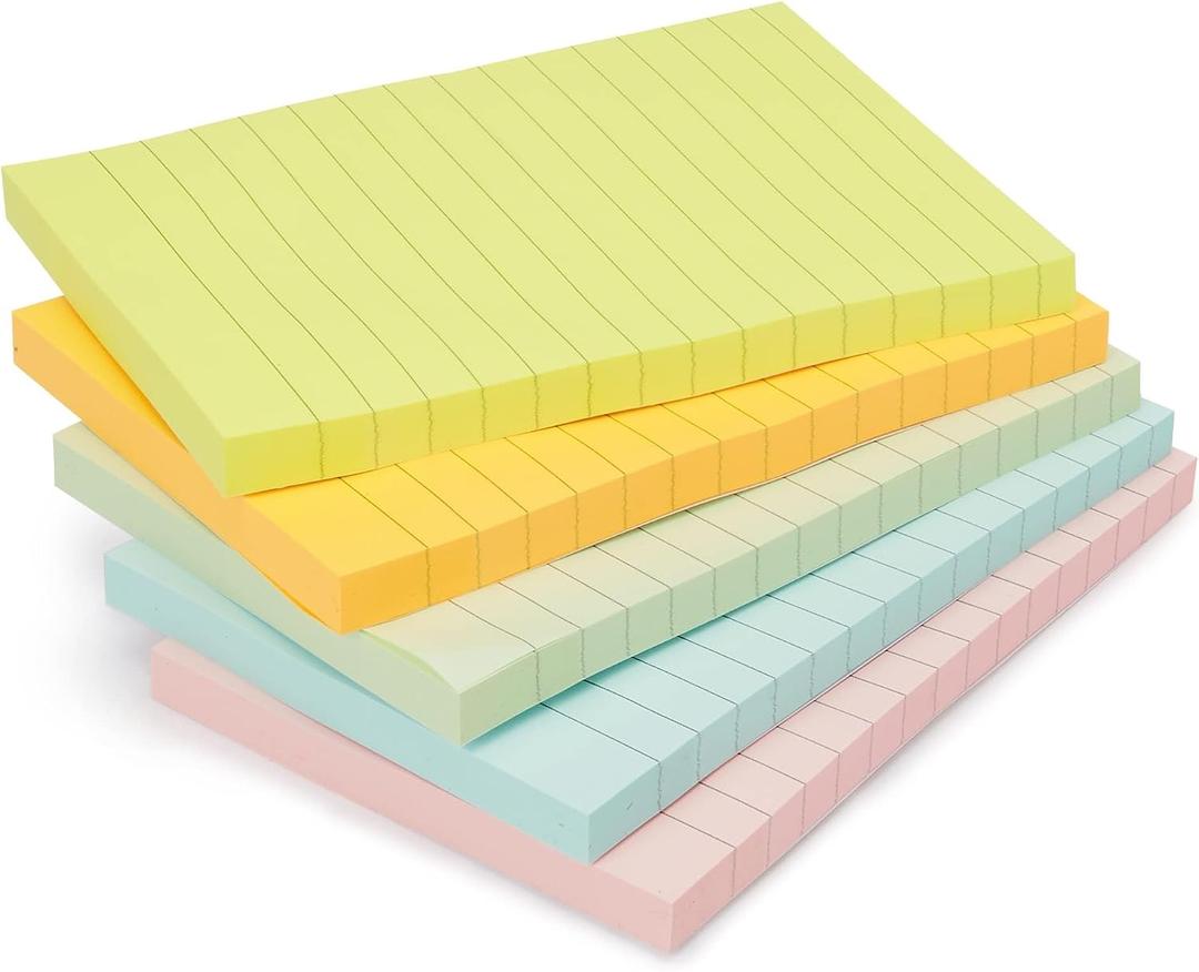 Amazon Basics Lined Sticky Notes, 4x6" Self-Stick Pads with Clean Removal Adhesive for To Do List, Home, Office, Notebook, Assorted Colors, 100 Sheets/Pad, Pack of 5
