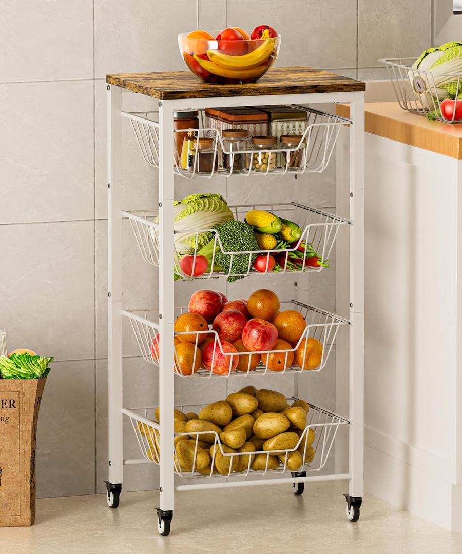 Fruit Vegetable Storage Cart for Kitchen, 5-Tier Vegetable Stand Rack with Pull-Out Metal Wire Baskets, Snack Organizer with Wood Top & Banana Holder for Pantry, Living Room, Bathroom, White