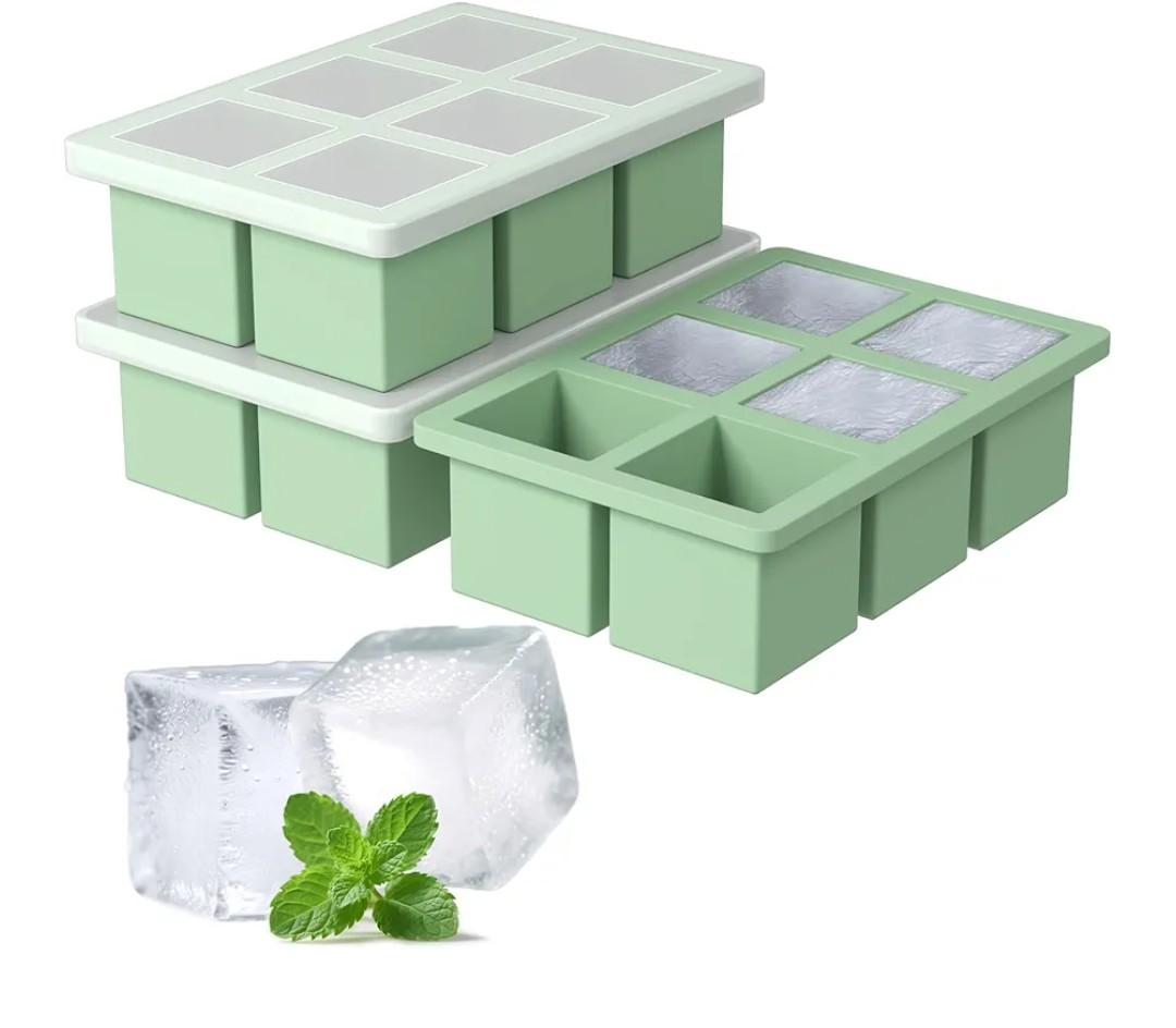 Large Silicone Ice Cube Tray 3Pack, SAWNZC Big Square Ice Cube Molds for Whisky Cocktail, Ice Maker Tray with Lid for Freezer, Easy Release (2, Mint Green)