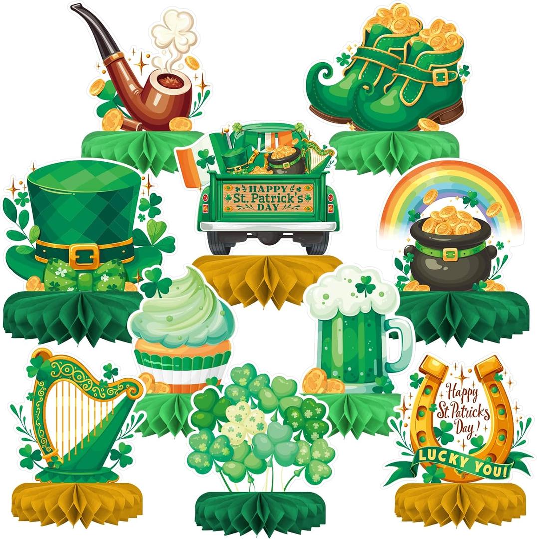 St Patrick's Day Decorations Set - St Patricks Day Honeycomb Centerpieces & Shamrock Beer Table Toppers, for Irish Classroom & St. Patrick's Day Party Supplies