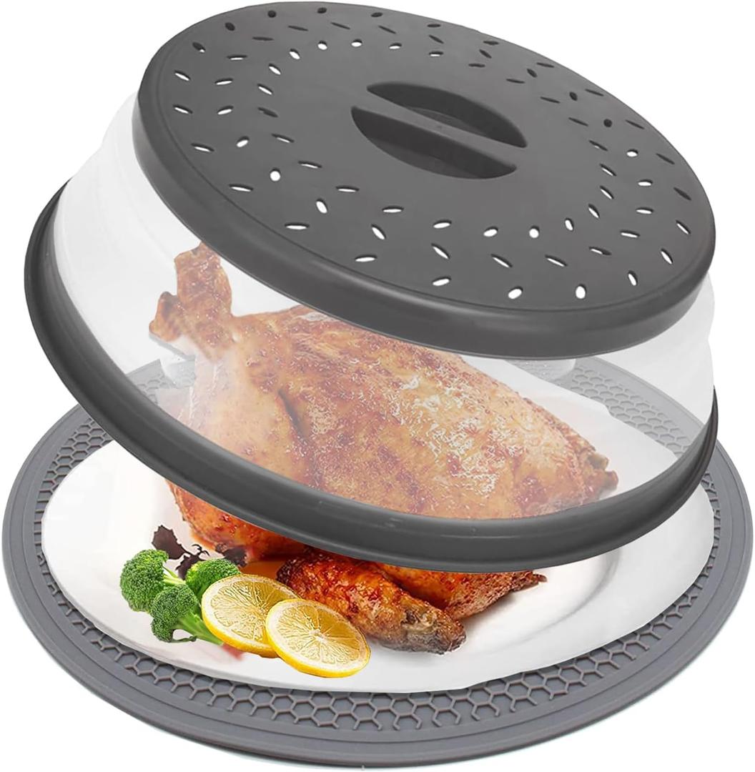 12 Large Microwave Splatter Cover & Silicone Mat,12 Inchs Vented Collapsible Guard dish Plate lid & Round Kitchen mat for food