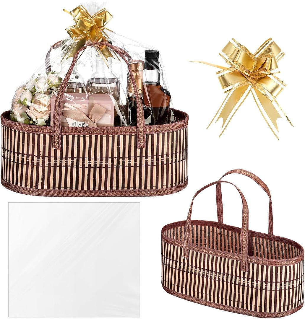 1 Set Woven Baskets for Gifts Empty Large Bamboo Gift Baskets with Handle Cellophane Wrap Bag and Pull Flower Ribbon Sturdy Foldable Gift Packages for Birthday Wedding Favor Wrapping