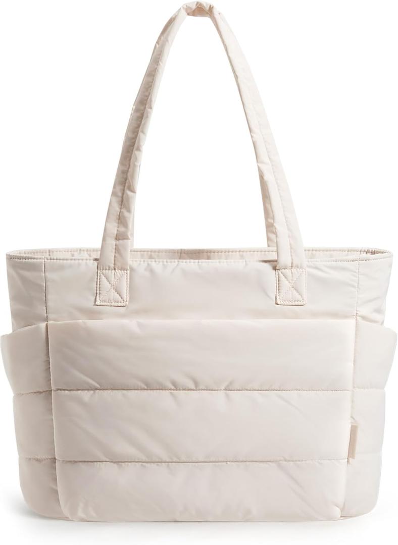 BAGSMART Tote Bag for Women, Lightweight Puffy Tote Bag with Compartments, Quilted Shoulder Bag Handbag for Travel, Work (Beige)