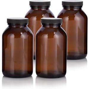 JUVITUS Amber 17 oz Wide Mouth Glass Packer Bottle with Black Ribbed Lid (4 pack)