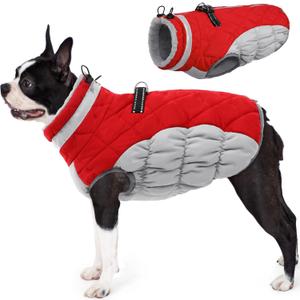 AOFITEE Dog Coat, Warm Dog Jacket, Reflective Winter Coats for Medium Dogs, Turtleneck Dogs Winter Jacket with Harness Built in, Waterproof Windproof Pet Fleece Vest Puffer Jacket, Christmas Red, Size M