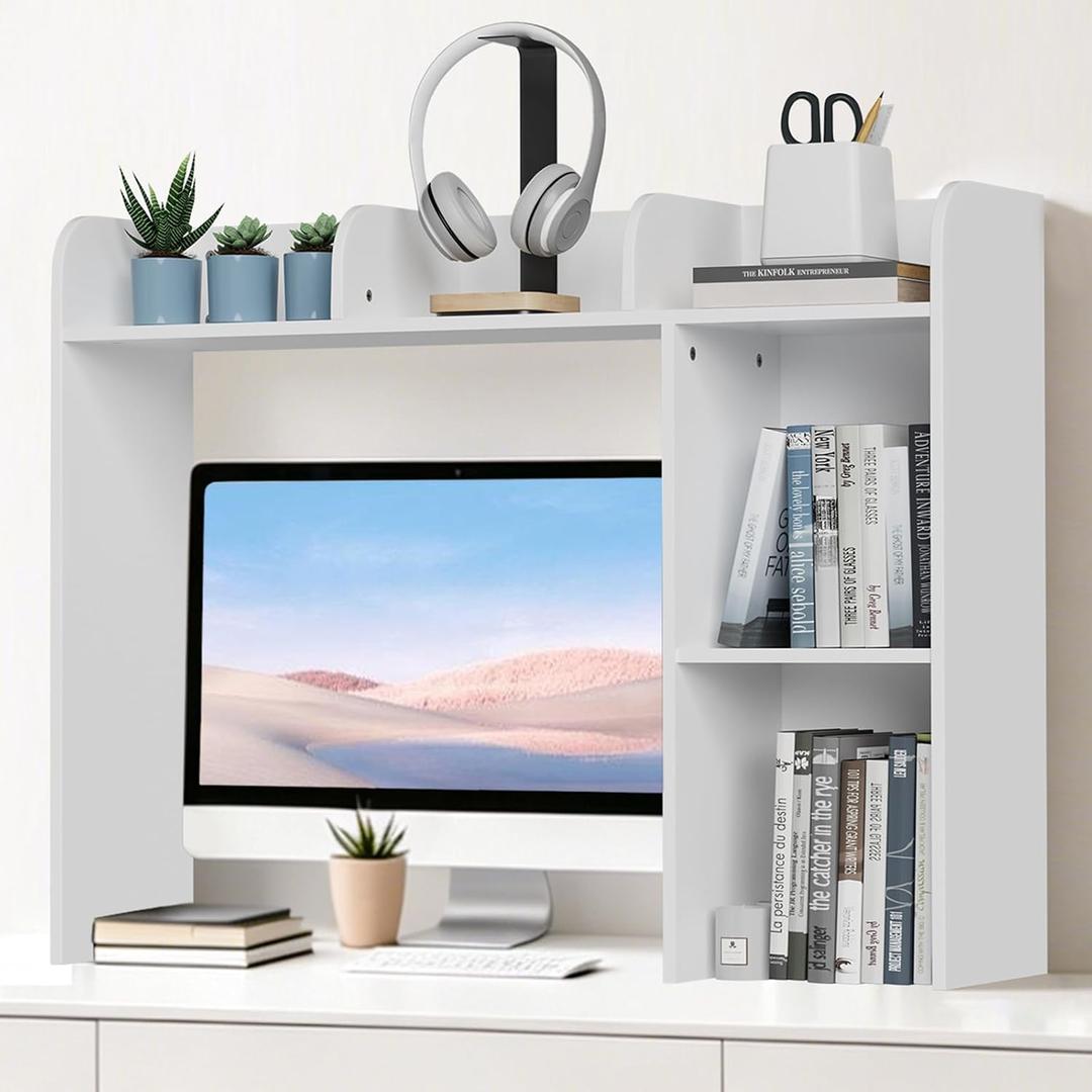 Desk Hutch Dorm White, 3-Tire Wood Desk Shelf Storage Organizer for Office Home, Large