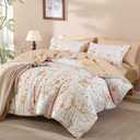 Yiran Coral Orange Watercolour Floral Comforter Set Queen Size, 7 Piece Cute Botanical Comforter Bedding Set, Bed in a Bag Queen, Soft Microfiber Complete Bedding Set with Sheets for All Season (Queen (90"x90"))