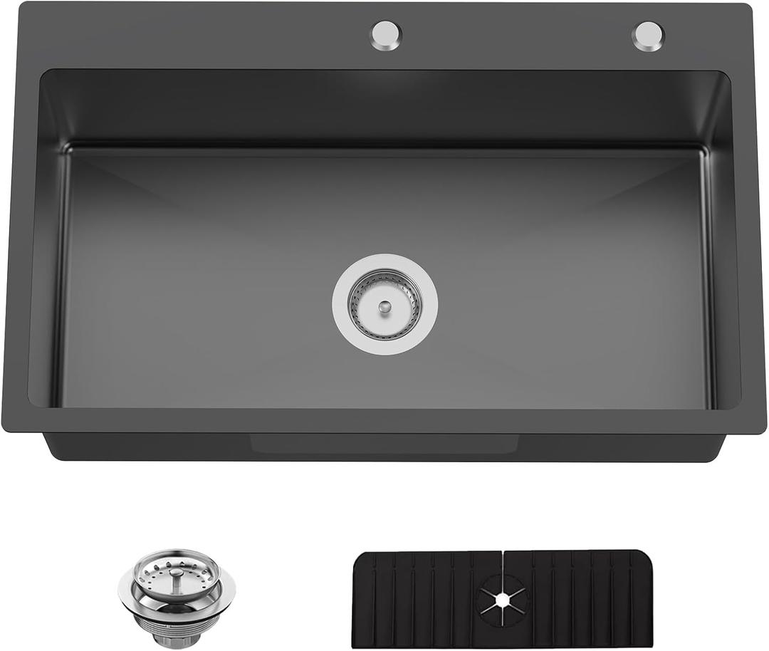 Black 30x18 In Drop In Kitchen Sink-Stainless Steel Topmount Modern Single Bowl Kitchen Sink Come With Silicon Mat,Drain Strainer Set Offer Large Basin And Compatibility With Various Kitchen&Bar Style, 30X18X9 Inches