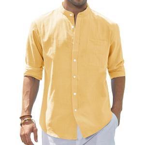 J.VER Men's Cotton Linen Long Sleeve Shirts Casual Button Down Banded Collar Shirt Beach Summer Tops with Pocket (Medium, Light Yellow)