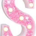 Pooqla LED Marquee Letter Lights, Pink Glitter Light Up Letters Alphabet Sign Battery Powered Night Light, Birthday Party Wedding Girls Gifts, Christmas Room Dorm Bedroom Decoration, Pink Letter S (Warm White)