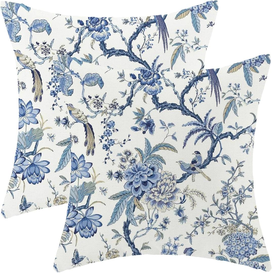 Chinoiserie Spring Pillow Covers 22x22 Set of 2, Vintage Blue Birds Flowers Farmhouse Decorations Throw Pillow Covers Blue and White Outdoor Decorative Linen Cushion Case for Couch Sofa Home