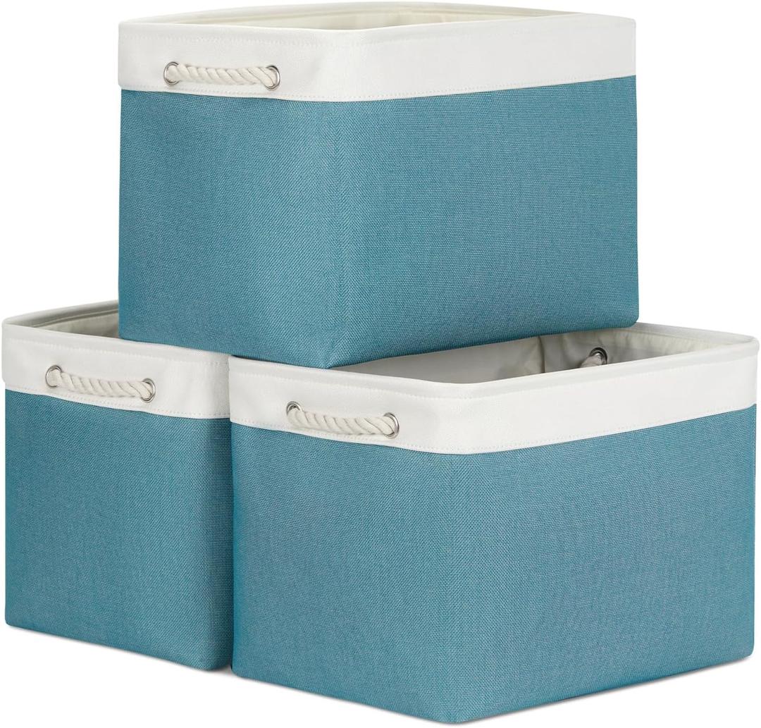 Bidtakay Large Storage Baskets for Shelves 3 Pack 16x11.8x11.8 Inch Storage Bins for Organizing Fabric Storage Cubes for Closet Clothes Basket Laundry-White&Teal