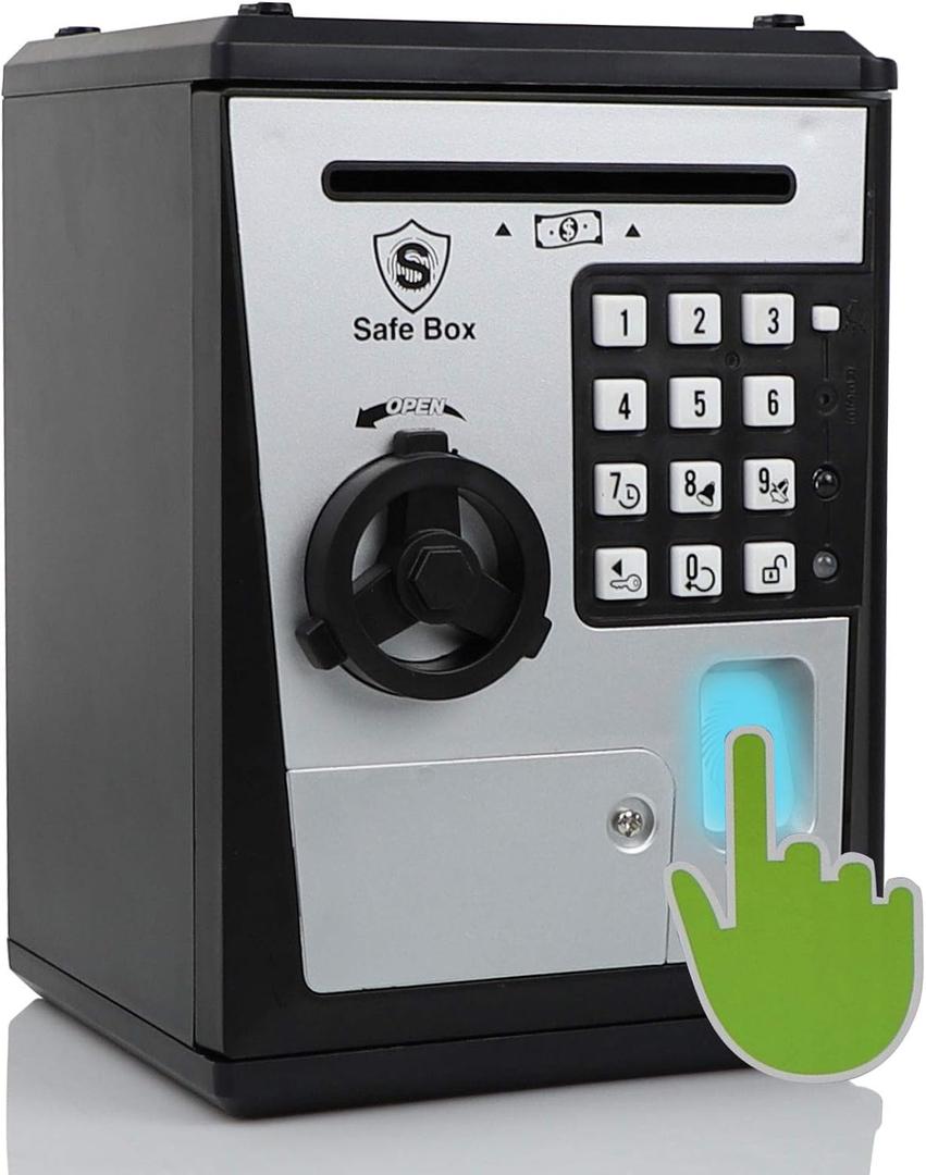 Kids Safe Bank with Fingerprint Password Talking ATM Piggy Bank for Real Money Toy Gift for 5-14 Years Old Boys Girls (Silver/Black)