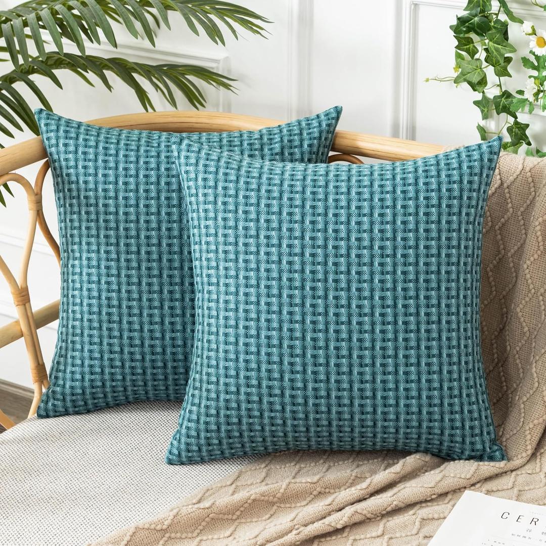 UGASA Outdoor Waterproof Pillow Covers Pack of 2 Weaving Texture Water Resistant Outside Decorative Pillow Cases for Patio Garden Porch Yard Bench Tent 18x18 Inch, Teal