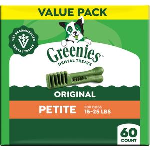 Greenies Veterinarian-Recommended Adult Natural Dental Dog Treats Petite Size, Dog Dental Chews, Original Flavor, 36 oz. Pack, 60 Count (EXP 09/28/27)