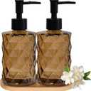 Glass Hand and Dish Soap Dispenser Set of 2 with Plastic Pumps, Bamboo Tray, 12oz Brown Bathroom Soap Dispenser with Diamond for Hand Wash & Dish Wash, Ideal for Bathroom Kitchen Countertop