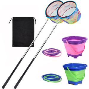 2PCS Fishing Net with Bucket, Telescopic Fishing Landing Net, Collapsible Youth Sand Bucket, Youth Fish Butterfly Catching for Freshwater Saltwater Outdoor Activities