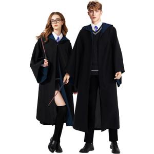 Unisex Wizard Robe Cloak,Magical College Outfit Cape Hooded,Wizard Halloween Costume for Women & Men (Large, Black+blue)