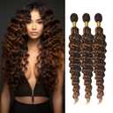 Hair Highlight Loose Deep Wave Bundles Double Weft Brazilian Hair Extensions Soft and Silky Ombre Two Tone Dark Brown and Brown Deep Curly Bundles