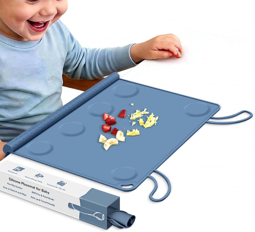 Silicone Placemat for Baby Self-Eating: Dishwasher Safe & Non-Slip for Dining Table - Table Mat for Baby 8-18 Months (Blue)