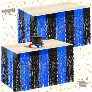 Oudain 2026 Graduation Party Decorations 2 Pack Blue and Black Wavy Metallic Tinsel Foil Fringe Table Skirts for Prom and Grad Party Birthday Decor Rectangle and Round Table Supplies