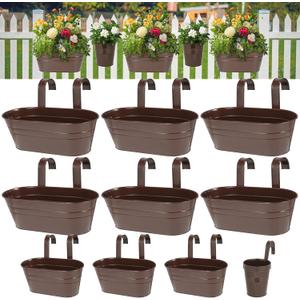 3 Different Size Metal Iron Hanging Flower Pots 13 Pcs for Outdoor Plants Metal Hanging Bucket Pots Iron Railing Fence Planter with Drainage Holes and Hooks for Porch Railing Balcony Fence (Bronze)