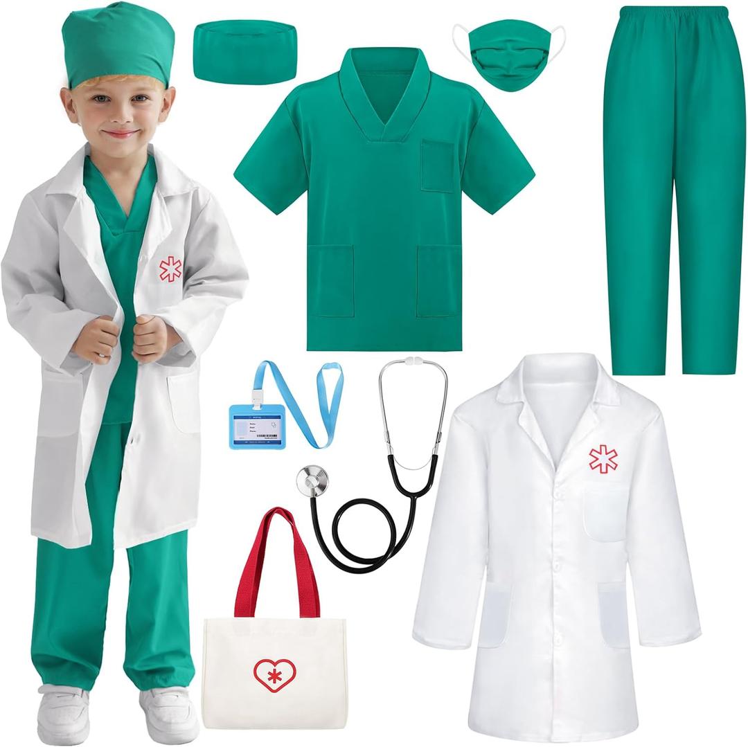 Doctor Costume for Kids 3 4 5, Toddler Medical Dress up Clothes with Real Stethoscope & Carry Bag (Green)
