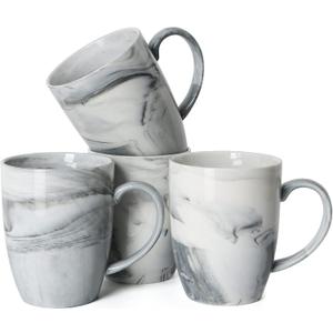 14 OZ Marble Coffee Mugs, M067 Novelty Marble Ceramic Cup for Home and Office, Microwave Dishwasher Safe, Set of 4, Gray