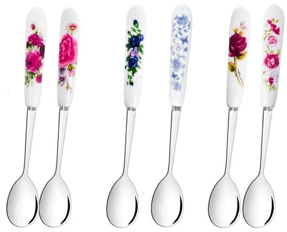 6 PCS Dessert Forks and Spoons Silverware Set with Ceramics Handle,Includes 1PCS Storage Bag,Stainless Steel Mini Coffee,Tea Spoons for Dessert Salad Appetizers