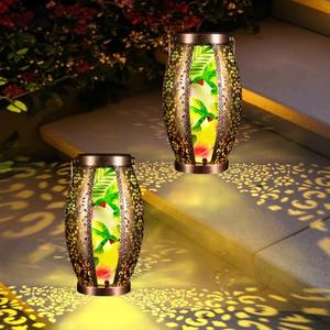OUISJYER 2PC Solar Lantern Outdoor Waterproof Glass & Metal Garden Decor Gifts for Women Mom Grandma Large Hanging Solar Light Tabletop Lamp for Yard, Patio, Porch (Hummingbird)