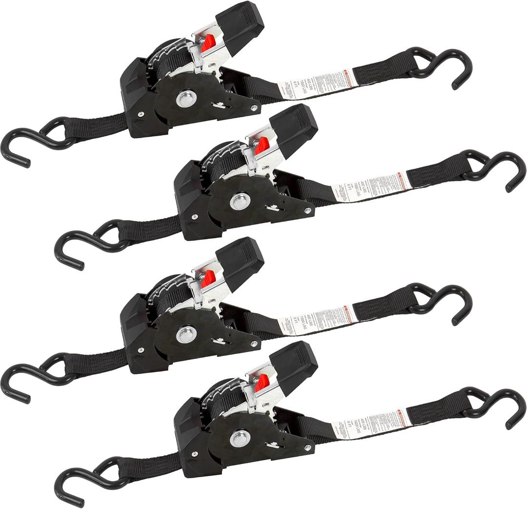 1" x 6' Retractable Ratchet Straps, 1600 lbs Break Strength, Heavy Duty 4 Pack, Self Retracting Tie Downs with S Hooks, DOT Approved for Durable Strapping for Trailers, Trucks, Boats, and Cargo