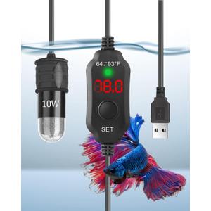AquaMiracle Mini Aquarium Heater 5V/2A USB 10W Small Fish Tank Heater for Tanks up to 1 Gal, Digital Display Thermostat Betta Heater with Dry-Run & Overheat Protection, Memory Function