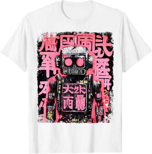 Hip Hop Y2K Vintage Hipster Edgy Urban Streetwear Robot T-Shirt (Small, Black)