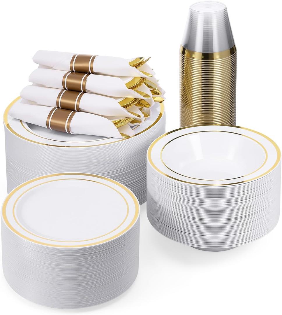 BESTVIP 400PCS Gold Plastic Dinnerware Set, Disposable Party Supplies for 50 Guests - Include 100 Plates, 50 Leak-Proof Soup Bowls, 50 Pre Rolled Napkins with Gold Silverware, 50 Cups