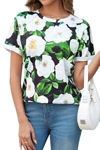 DeXianLai Women's Clothing Summer Short Sleeve Crew Neck Vacation Fashion Tops Casual Outfits Easter Green White Flowers L