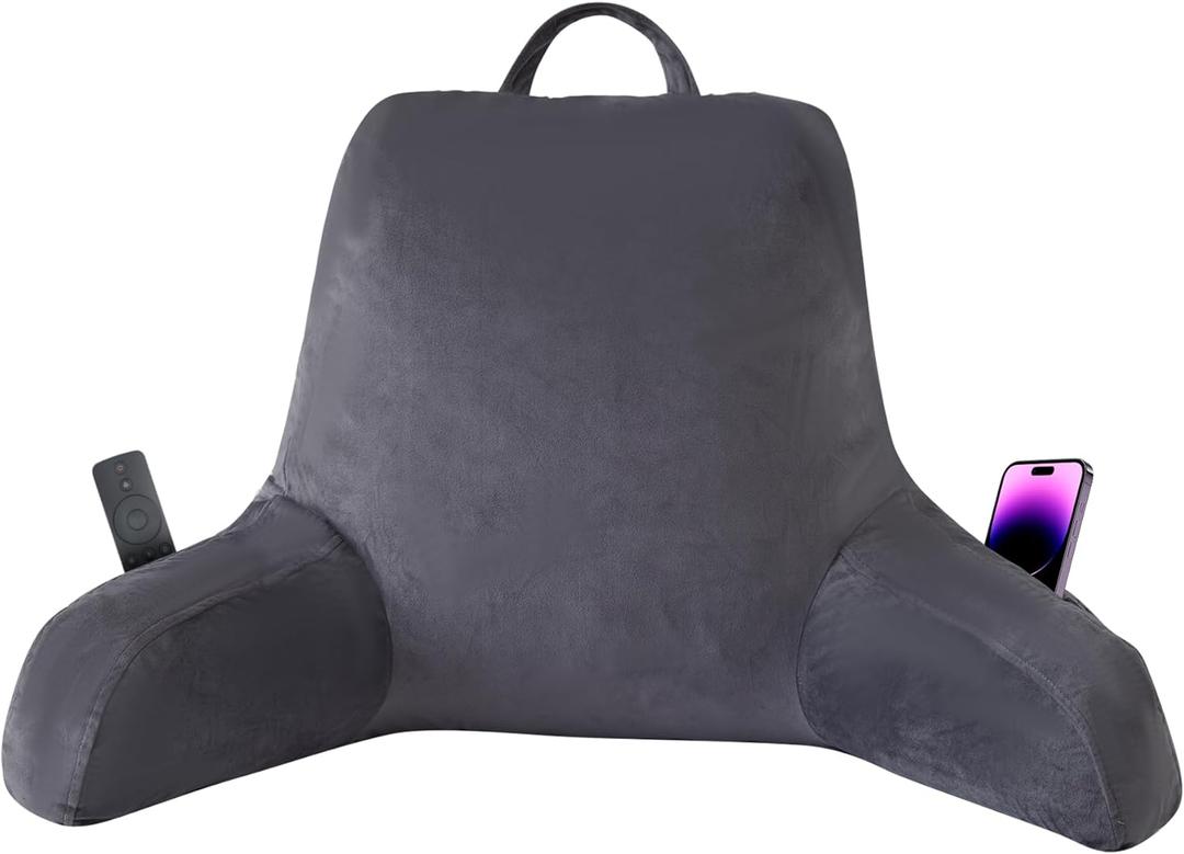 Reading Pillow with Arms for Adults, Back Pillow for Bed Sitting Up, Shredded Memory Foam Backrest Pillow with Pockets & Removable Washable Cover, Lounging, Watching TV, Reading(20inch Grey) (Standard-L(20inch))