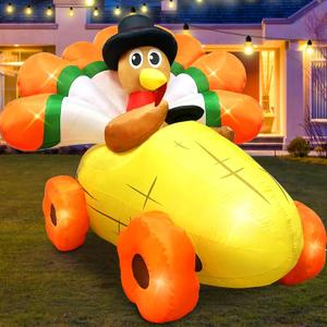 MICOCAH 6FT Long Thanksgiving Inflatables Turkey Outdoor Decorations with Pilgrim Hat Driving Corn Car, Built-in LEDs Blow up Turkey Inflatable for Autumn Holiday Outdoor Indoor Lawn Yard Decoration