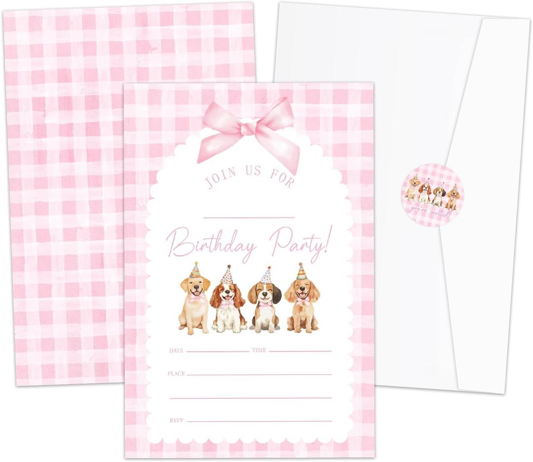 Puppy Birthday Party Invitations for Girls Woman, Pink Bow Invites Cards with Envelopes and Sticker (20 Pack), Dog Themed Party Decorations Supplies 