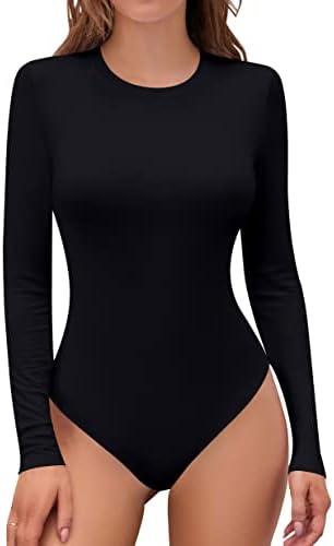 SHEIUGU Women’s Sleeveless Long Sleeve Crew Neck Ribbed Stretchy Slim Fit Tops Bodysuit Basic Jumpsuit XS