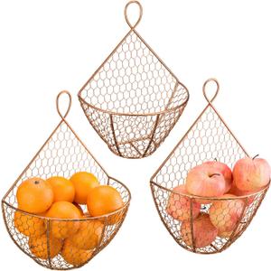 MyGift Set of 3, Farmhouse Copper Metal Wire Mesh Wall Hanging Baskets, Wall-Mounted Storage Basket, Decorative Kitchen Fruit Wall Basket Produce Holder