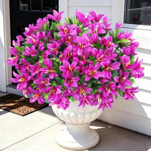 Ouddy Decor 8 Bundles Artificial Flowers for Outdoors, Fake Silk Flowers Azalea Plants UV Resistant for Summer Front Door Planter Garden Patio Window Box Balcony Walkway Home Decor, Purple