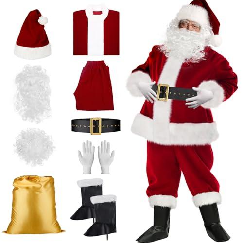Mayper Santa Claus Costume for Men - 9Pcs Deluxe Adult Suit | Velvet Outfit for Xmas Cosplay
