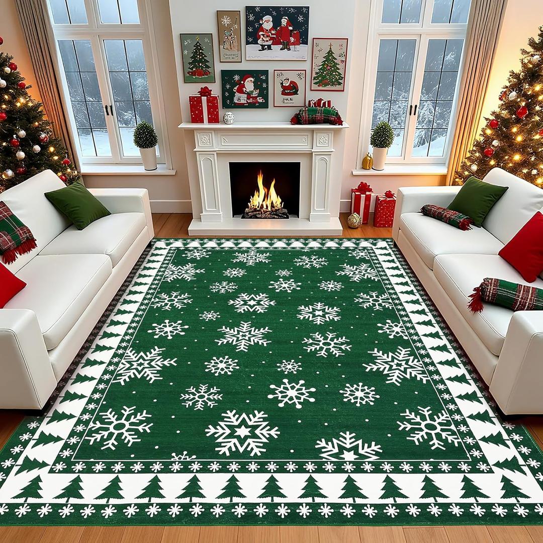 Christmas Area Rug 9x12 Chrtistmas Tree and Snowflakes Machine Washable Rug Holiday Decorative Bordered Floor Cover Non Slip Stain Resistant Carpet Rug for Living Room Bedroom, Green