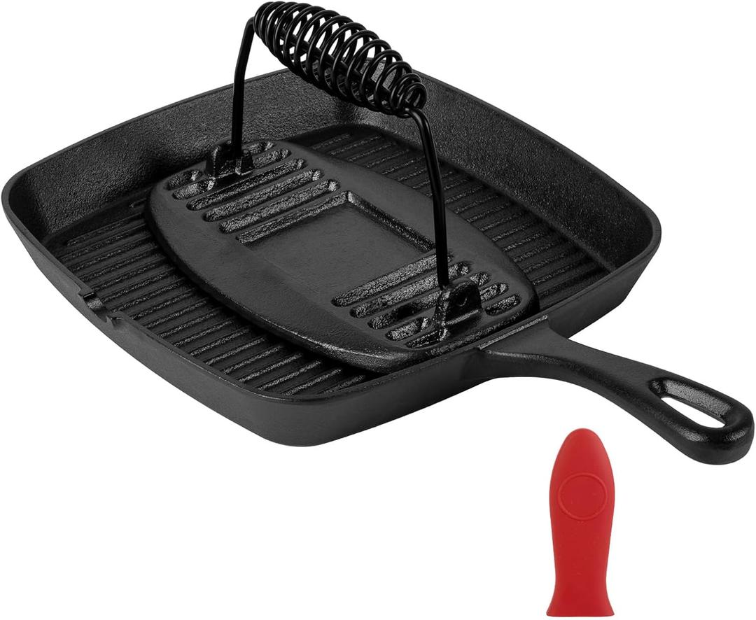 Cast Iron Grill Pan,9.25" Pre Seasoned Skillet with Pour Spouts,Silicone Handle Cover for Indoor and Outdoor Grilling,Durable Oven Safe,Stove Campfire Use(Black)